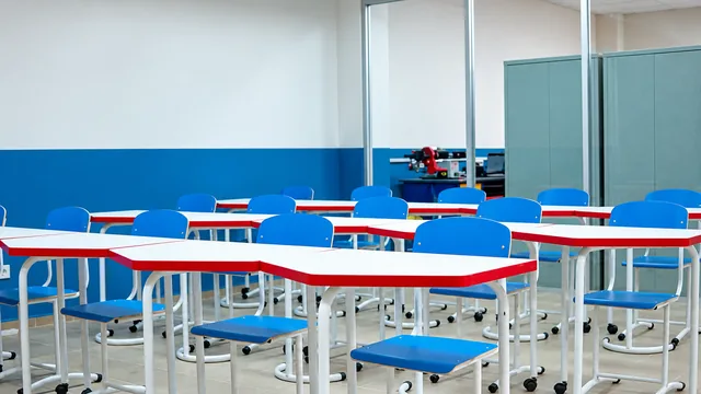 Completed interior: Classroom tables and blue chairs in the shared learning area