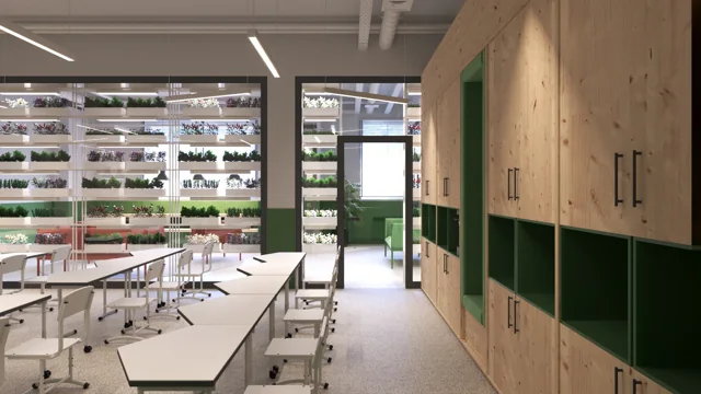 Project visualisations: Hydroponic wall and shared work tables in the laboratory