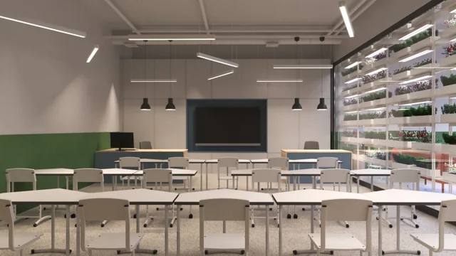 Project visualisations: Classroom tables facing a screen beside the planted wall