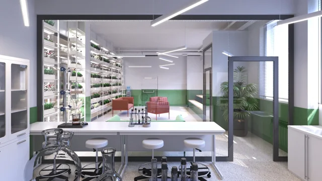 Project visualisations: Glass partition between the laboratory and a collaborative work area