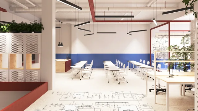 Project visualisations: Open workshop with blue accents and a shared worktable