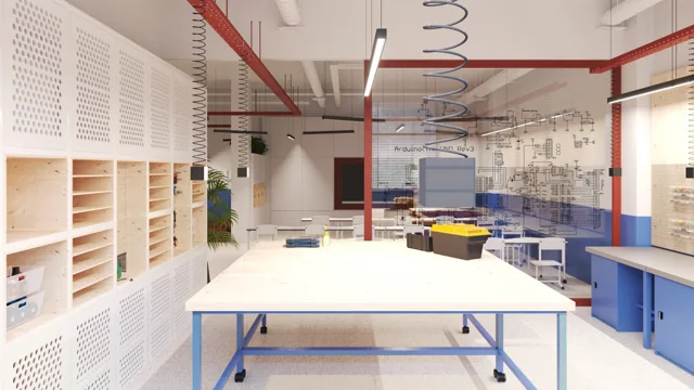 Project visualisations: Workshop table, pin-up wall and blue storage in a bright work area