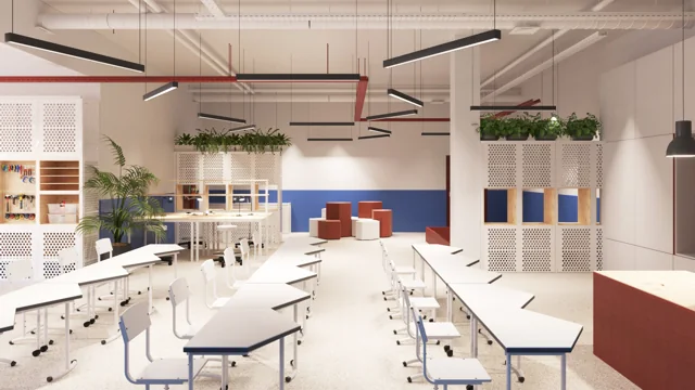 Project visualisations: View across the open laboratory with grouped work tables and coloured storage